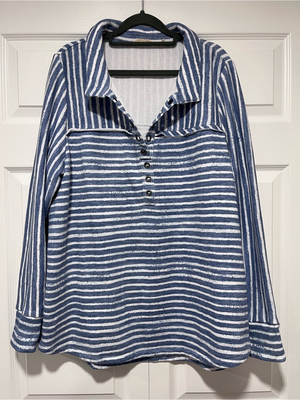 Blue and White Striped Long-Sleeve Henley Top